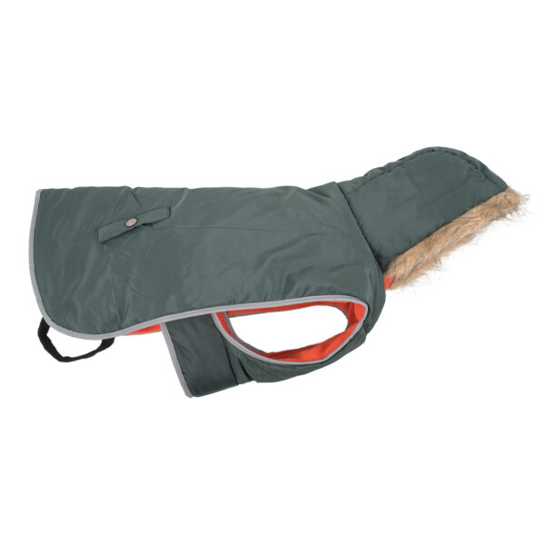 Ancol Green Parka Dog Coat with a water-resistant exterior, fleece lining and a faux-fur hood