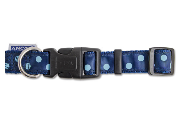 Blue Polka Dot Adjustable Dog Collar by Ancol with a clip fastener