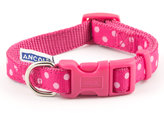 Pink Polka Dot Adjustable Dog Collar by Ancol with a clip fastener
