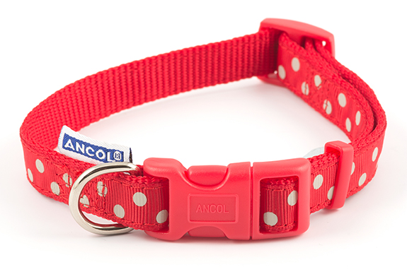 Red Polka Dot Adjustable Dog Collar by Ancol with a clip fastener