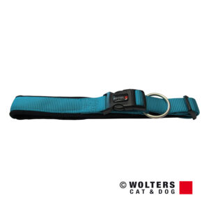 Aqua blue padded, adjustable dog collar with a black lining by Wolters