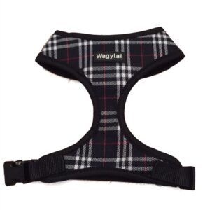 Black and navy dog harness with white and red checks by Wagytail