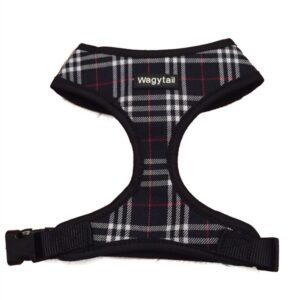 Black and navy dog harness with white and red checks by Wagytail