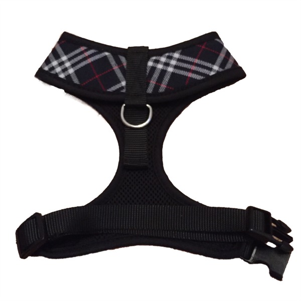 Back of Black and navy dog harness with white and red checks by Wagytail
