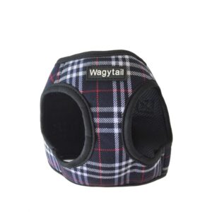 Black and navy step in dog harness with white and red checks by Wagytail