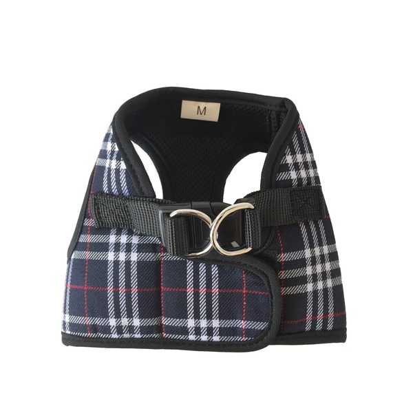 Back of Black and navy step in dog harness with white and red checks by Wagytail