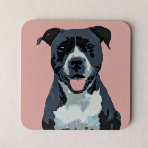 Pink Black Staffie coaster by Betty Boyns