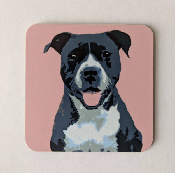 Pink Black Staffie coaster by Betty Boyns