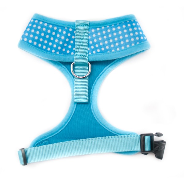 Back of Blue Dog Harness with White Polka Dots by Wagytail