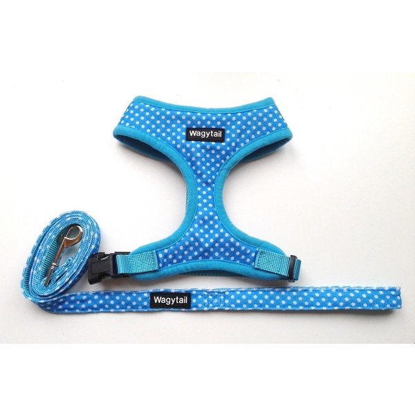 Blue Dog Harness with White Polka Dots and matching lead by Wagytail