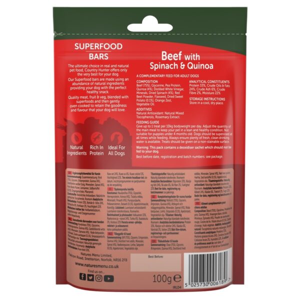 Natures Menu Country Hunter Superfood Bars Beef with Spinach & Quinoa Dog Treat 100g