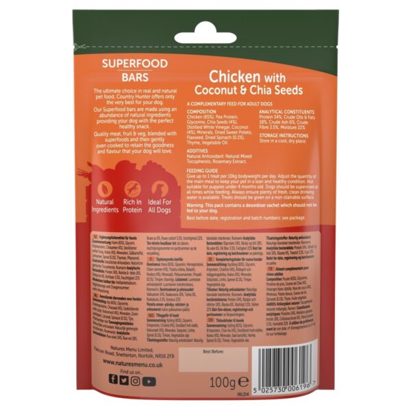 Natures Menu Country Hunter Superfood Bars Chicken with Coconut and Chia Seeds Dog Treat 100g