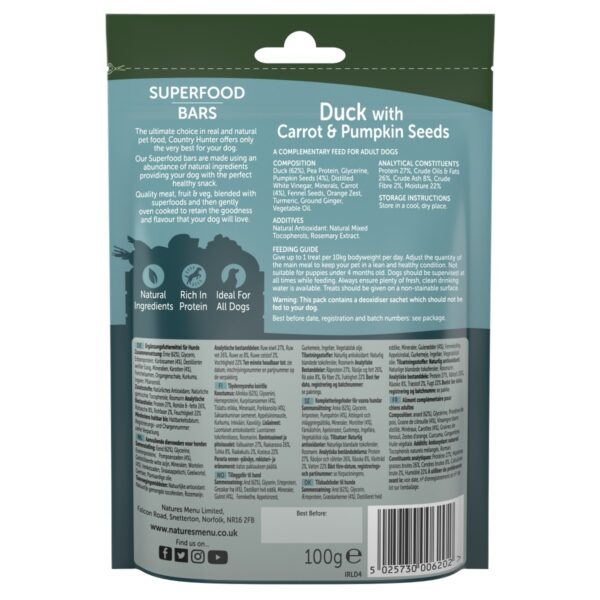 Natures Menu Country Hunter Superfood Bars Duck with Carrot & Pumpkin Seeds Dog Treat 100g