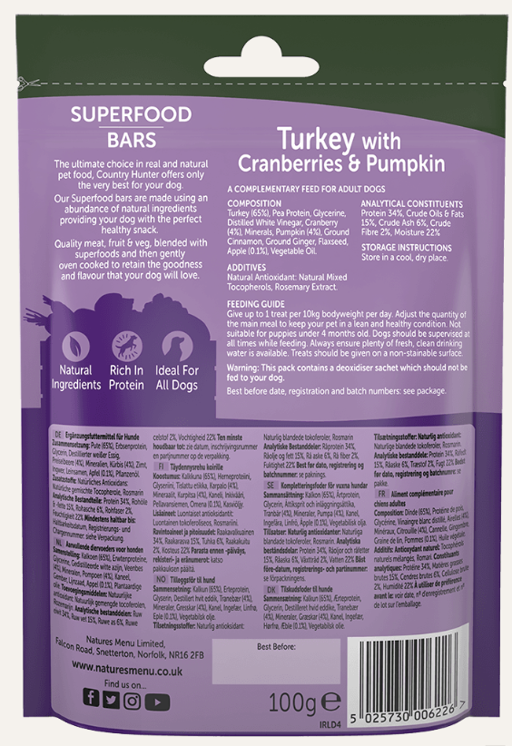 Natures Menu Country Hunter Superfood Bars Turkey with Cranberries & Pumpkin Dog Treat 100g