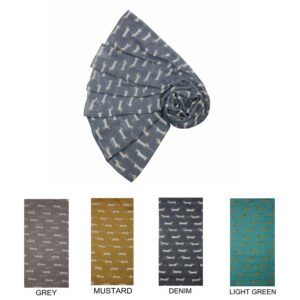 Cute Dachshund Print Scarf in Light Green, Denim Blue, Mustard and Grey