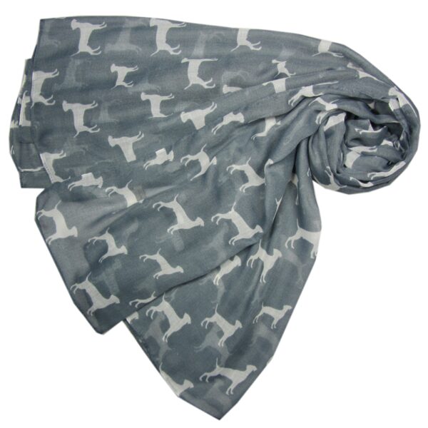 A gorgeous grey scarf featuring a white dog silhouette, the silhouette resembles a Pointer, Weimaraner, Vizlsa or Dobermann breed