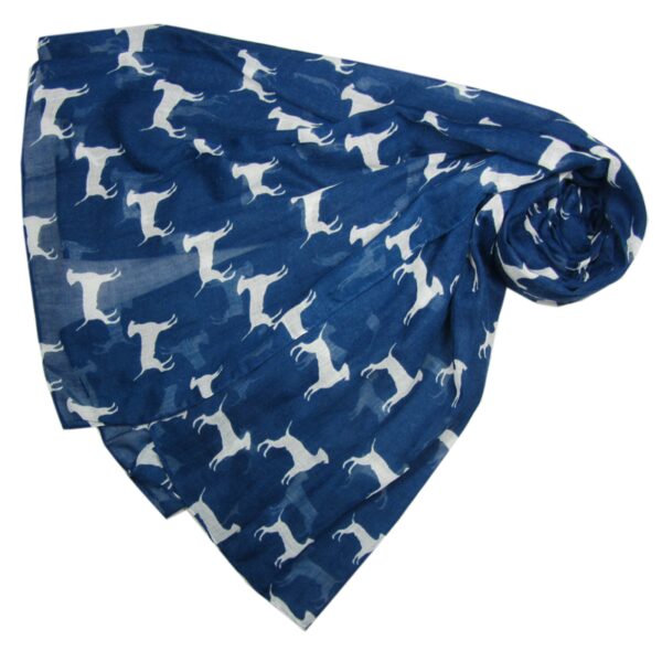 A gorgeous navy blue scarf featuring a white dog silhouette, the silhouette resembles a Pointer, Weimaraner, Vizlsa or Dobermann breed