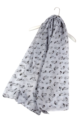 Grey dachshund dog print scarf featuring a dachshund wearing a top hat and bow tie