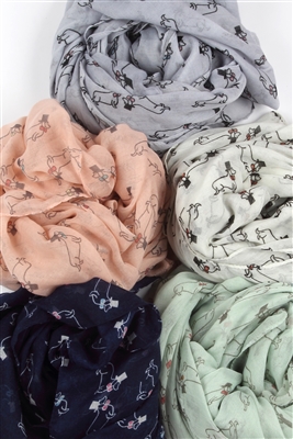 Dachshund dog print scarf featuring a dachshund wearing a top hat and bow tie available in white, navy, grey, green and pink