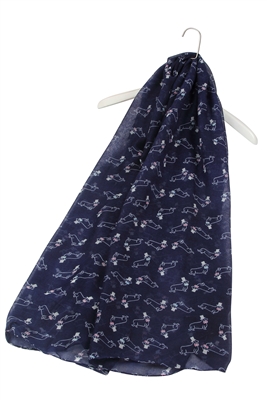 Navy dachshund dog print scarf featuring a dachshund wearing a top hat and bow tie