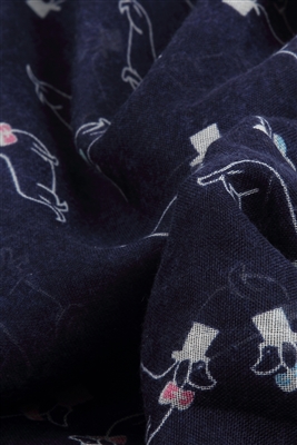 Close up of navy dachshund dog print scarf featuring a dachshund wearing a top hat and bow tie