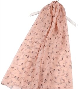 Pink dachshund dog print scarf featuring a dachshund wearing a top hat and bow tie