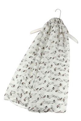 White dachshund dog print scarf featuring a dachshund wearing a top hat and bow tie