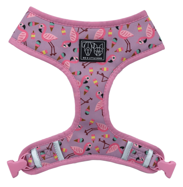 'For Flocks Sake' Reversible Dog Harness with a flamingo and galaxy design by Big & Little Dogs