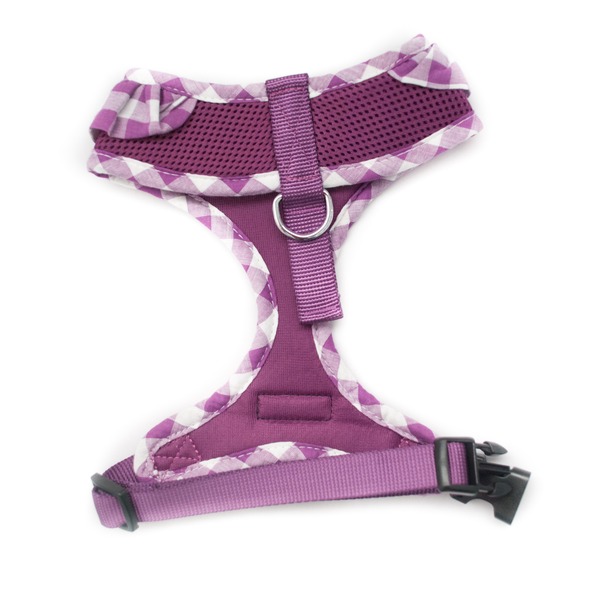 Back of Purple Dog Harness with a frilly gingham trim and a bow by Wagytail