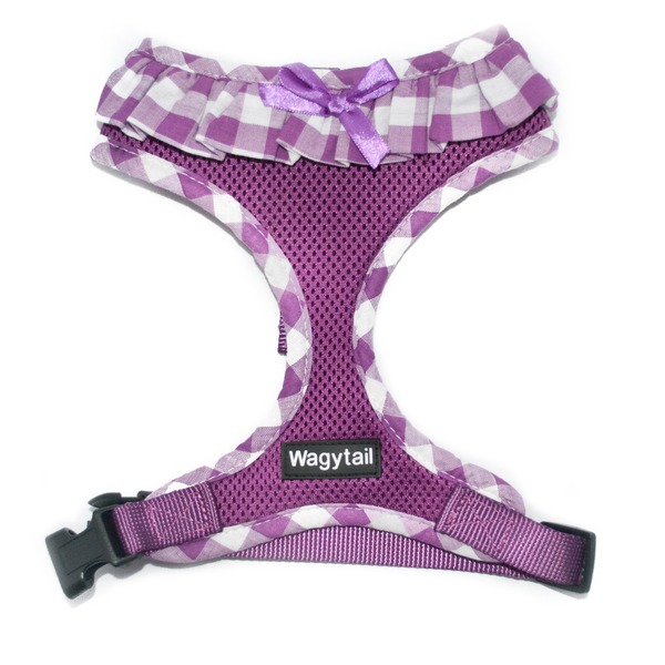 Purple Dog Harness with a frilly gingham trim and a bow by Wagytail