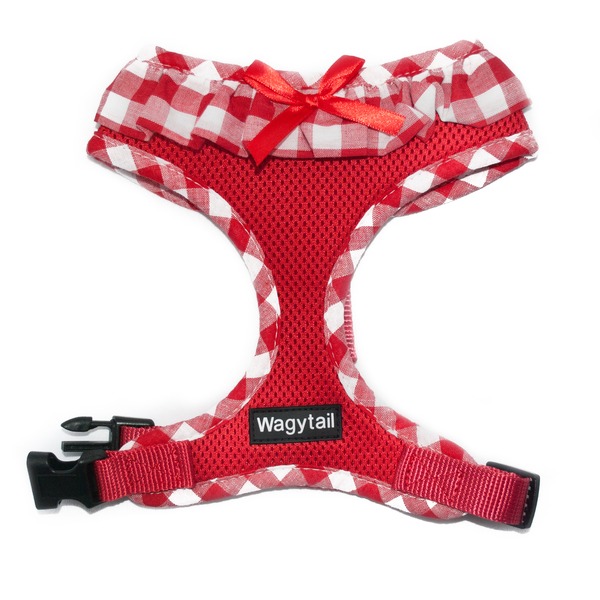 Red Dog Harness with a frilly gingham trim and a bow by Wagytail