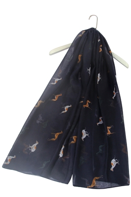 Navy Greyhound print scarf featuring different coloured greyhounds running and standing