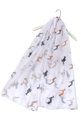 White Greyhound print scarf featuring different coloured greyhounds running and standing
