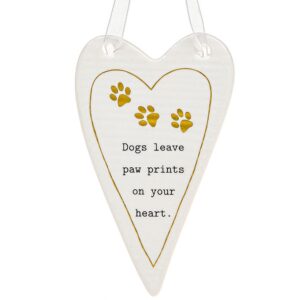 Hanging Ceramic Heart with gold paw prints and the wording 'Dogs leave paw prints on your heart'