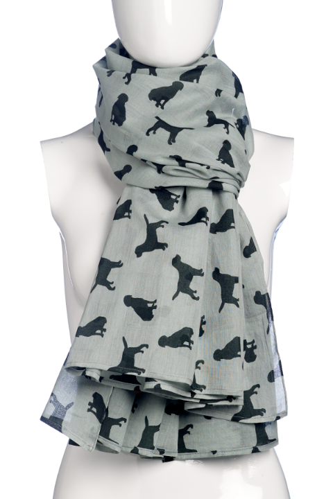 A grey cotton scarf with a black Labrador dog silhouette by The Lancashire Dog Company