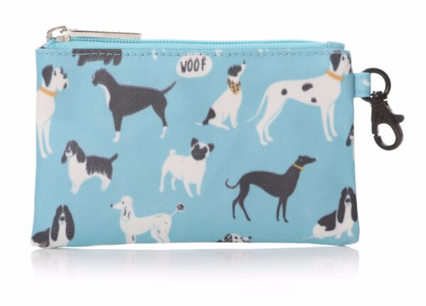 Blue Lisa Buckridge It's A Dogs Life Oilcloth Purse with a dog print design featuring Jack Russell's, Dalmatians, Bassets, Boxers, Whippets, Spaniels, Great Danes, Pugs, Westies, Scotties and Poodles.