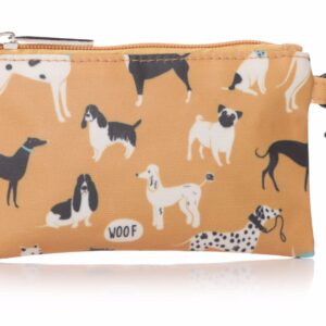 Mustard Lisa Buckridge It's A Dogs Life Oilcloth Pouch Purse with a dog print design featuring Jack Russell's, Dalmatians, Bassets, Boxers, Whippets, Spaniels, Great Danes, Pugs, Westies, Scotties and Poodles.