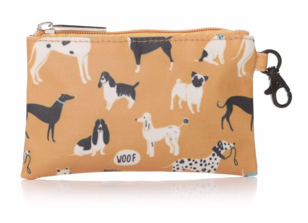 Mustard Lisa Buckridge It's A Dogs Life Oilcloth Pouch Purse with a dog print design featuring Jack Russell's, Dalmatians, Bassets, Boxers, Whippets, Spaniels, Great Danes, Pugs, Westies, Scotties and Poodles.