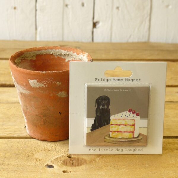 A magnet showing a black Labrador begging for a piece of cake by The Little Dog Laughed
