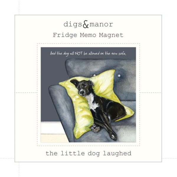 A black dog snoozing on the sofa fridge magnet by The Little Dog Laughed