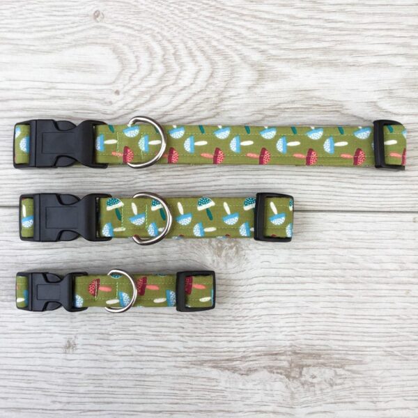 Green adjustable dog collar with a mushroom design by Paws & Hounds
