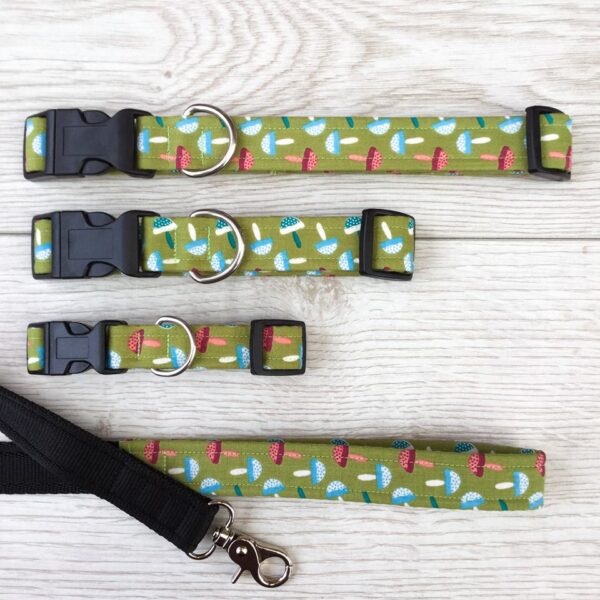 Green adjustable dog collar and dog lead with a mushroom design by Paws & Hounds