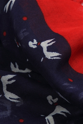 Navy scarf with white poodle silhouettes and a red trim