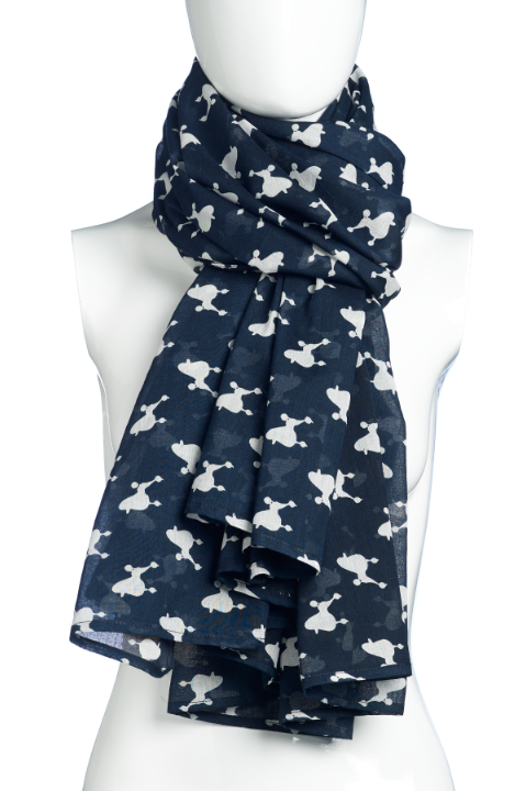A navy cotton scarf with a white poodle silhouette by The Lancashire Dog Company