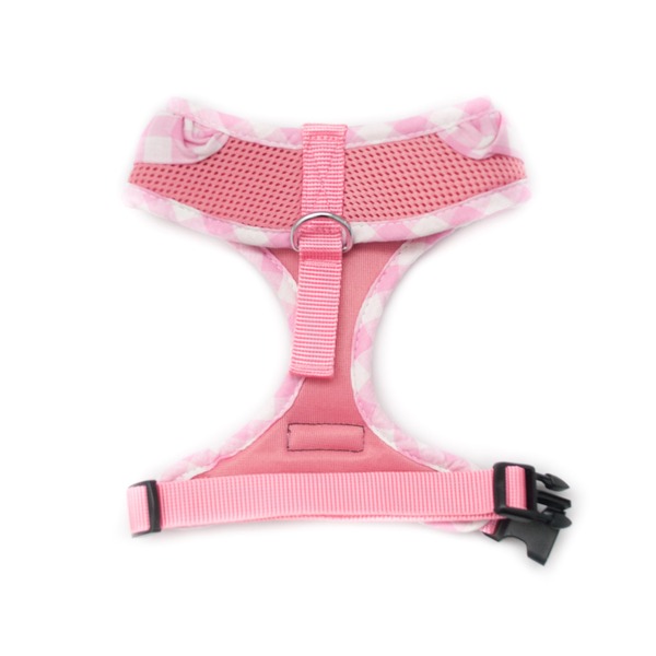 Back of Pink Dog Harness with a frilly gingham trim and a bow by Wagytail