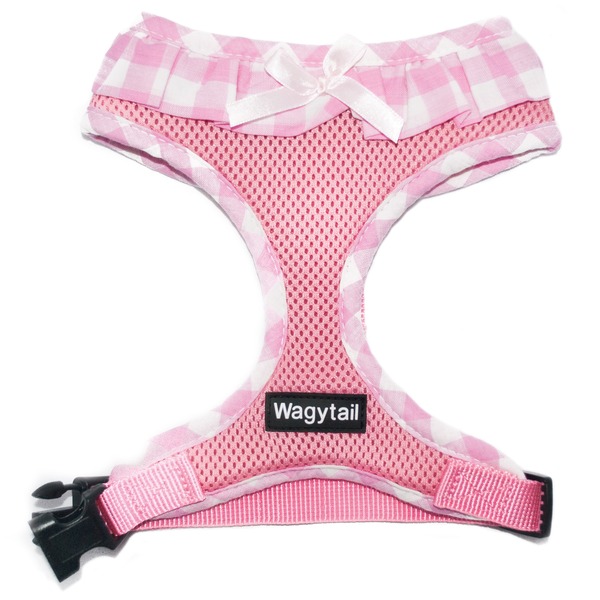 Pink Dog Harness with a frilly gingham trim and a bow by Wagytail