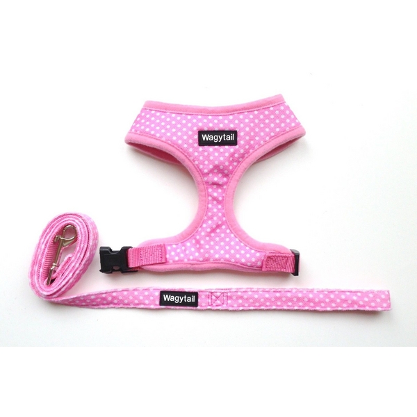 Pink Dog Harness with White Polka Dots and matching lead by Wagytail