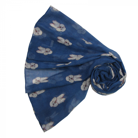 Pretty Poodle Scarf in dark blue showing a cute white standard poodle dog