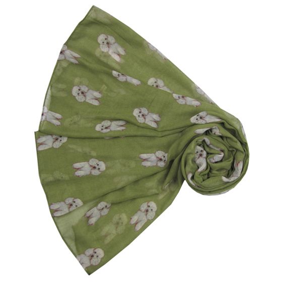Pretty Poodle Scarf in green showing a cute white standard poodle dog