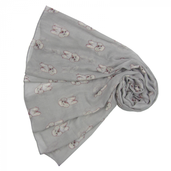 Pretty Poodle Scarf in grey showing a cute white standard poodle dog